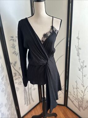 Zara Black One-Shoulder Wrap Blouse with Lace Trim